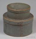 Two Bluegray Painted Round Wooden Covered Storage Boxes