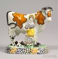 Polychrome Enamel Decorated Pearlware Pottery Milkmaid Cow and Calf Figural Group