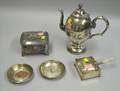 Silver Plated Meriden Sardine Box a Coffeepot an English Lidded Box and a Pair of Armorial Nut Dishese4