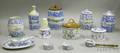 Six German Blue and White Stencil Decorated Ceramic Kitchen Jars and Seven Blue Oniontype Ceramic Kitchen and