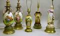 Five Assorted Transfer and Handpainted Genre Landscape and Figural Decorated Ceramic Table Lamps