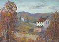 Framed Oil on Canvas Board Depicting Farm Houses in Autumn