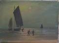 Unframed Oil on Canvas Scene of Boats Pulling into Shore at Twilight