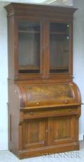 Victorian Renaissance Revival Walnut and Burl Veneer Cylinder DeskBookcase