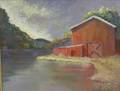 Framed Oil on Canvasboard View of a Barn at a Lake