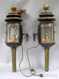 Pair of Partial Blackpainted Brass and Beveled Glass Carriage Lamps