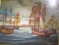 Framed Oil on Canvas View of Sailing Vessels in Boston Harbor