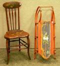 Childs Polychrome Decorated Ironmounted Wooden Sled and a Late Victorian Paint Decorated Music Chaire2