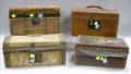 Three Brass Studded Hideclad Boxes and a Lithographclad Dolls Clothing Trunk