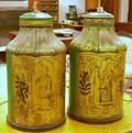 Pair of Gilt Decorated Greenpainted Tin Tea Canister Table Lamps