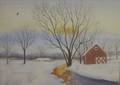 Framed Watercolor of a New England Winter Scene with Barn