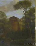Framed European School Oil on Board Landscape with a Tower