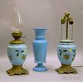 Pair of Victorian Handpainted Floral Decorated Blue Opaline Glass Lamps and a Vase