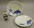 Pair of Japanese Carp Decorated Porcelain Plates and a Small Blue and White Scenic Decorated Vase