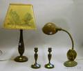Carved Wooden Table Lamp a Pair of Turned Wood Candlesticks and a Painted Cast Metal American Eagle Figural B