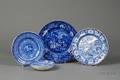 Four Assorted Blue Transfer Decorated Staffordshire Pottery Plates