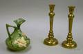 Roseville Pottery Magnolia Jug and a Pair of Emil Nagy Bronze Candlesticks