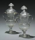 Two Small Stiegeltype Etched Colorless Blown Glass Sweetmeat Jars with Covers