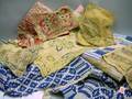 Blue and White Wool and Cotton Overshot Coverlet a Pieced Cotton Quilt and Seven Embroidered Textile Items