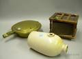 Brass Bedwarmer with Turnedwood Handle a Wood and Tin Footwarmer and a Glazed Dorchester Stoneware Footwarme