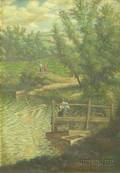 Unframed oil on Masonite depicting a landscape with fisherman and two children