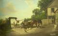 Unframed Oil on Canvas Depicting Horses Feeding at a Trough