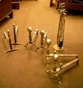 Three Pairs of Small Andirons and a Set of Four Brass Fireplace Tools and a Stand