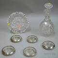 Colorless Cut Glass Decanter and Undertray with a Set of Five Sterlingmounted Colorless Pressed Glass Coaster