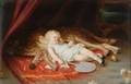 German Painted Porcelain Plaque of Little Girl Napping with her Dog