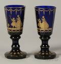 Near Pair of Bohemian Gilt Enamel Decorated Cobalt Glass Goblets