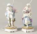Pair of French Enamel Decorated Bisque Porcelain Figural Lampbases