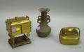 Chinese Small Gilt Lacquered Threepart Footed Box on Stand a Ceramic Vase and a Brass Warmer