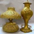 Persian Pierced Brass Jar Table Lamp and a Late Victorian Brass Vasiform Table Lamp with Pierced Brass ShadeD