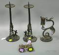 Pair of Japanese Cast and Wrought Iron Figural Pricket Candlesticks a Wrought Iron Dragon Figural Candlestick