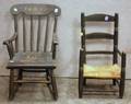 Childs Painted Wooden Ladderback Side Chair and a Childs Painted and Stencildecorated Armrocker