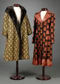 Two Vintage Designer Silk Brocade and Faux Fur Coats