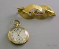 Modern Tiffany  Co 14kt Gold Ribbon Brooch and a Ladys 18kt Gold Tiffany  Co Open Face Pocket Watch