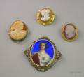 Three Gold Framed Cameo Brooches and a Sterling Silver Framed Enamel Portrait Brooch