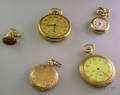 Three Goldfilled Pocket Watches an Enamel Decorated 14kt Gold Pendant Watch and an Agate and Gold Fobe2