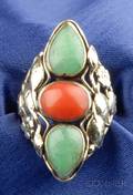 Arts  Crafts 14kt Gold Coral and Jadeite Ring