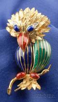 18kt Gold and Enamel Exotic Bird Brooch