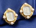 18kt Gold Glass Intaglio and Cultured Pearl Earclips Elizabeth Locke