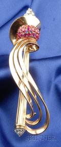 Retro 18kt Gold Ruby and Diamond Brooch France