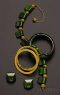 Five Pieces of Green Bakelite Jewelry