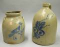 Cobalt Floral Decorated Stoneware Jug and a Troy NY Pottery Cobalt Bird on Stem Decorated TwoGallon Stone