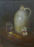 Giltwood Framed American School Oil on Academy Board Still Life with Jug Tobacco and Pipe