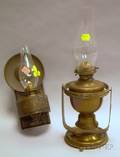 Brass Gimbal Wall Oil Lamp and a Paintdecorated Tin Wall Oil Lamp