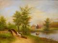 American School 19th Century Mountain River Scene with Horsedrawn Logging