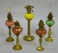 Five Colored Glass and Brass Base Peg Lamps