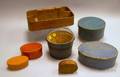 Five Oval and Round Painted Wooden Lapsided Boxes a Small Pail and a Bentwood Cutlery Tray